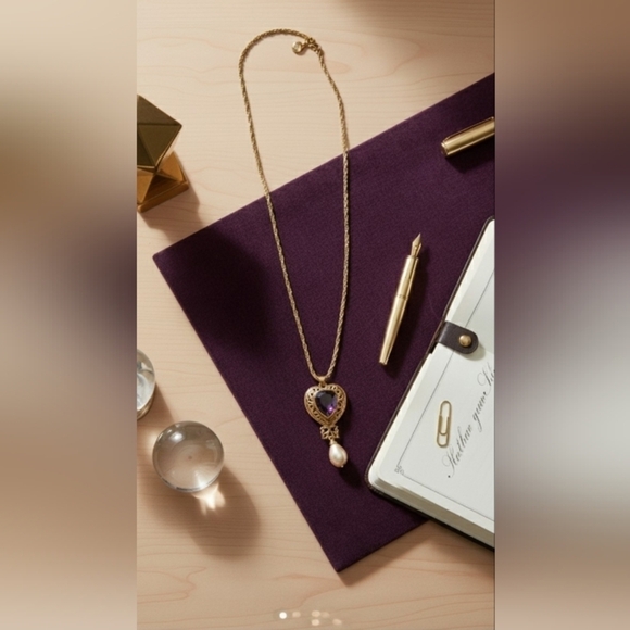 Vintage Jewelry - Amethyst Pearl Gold Tone Necklace